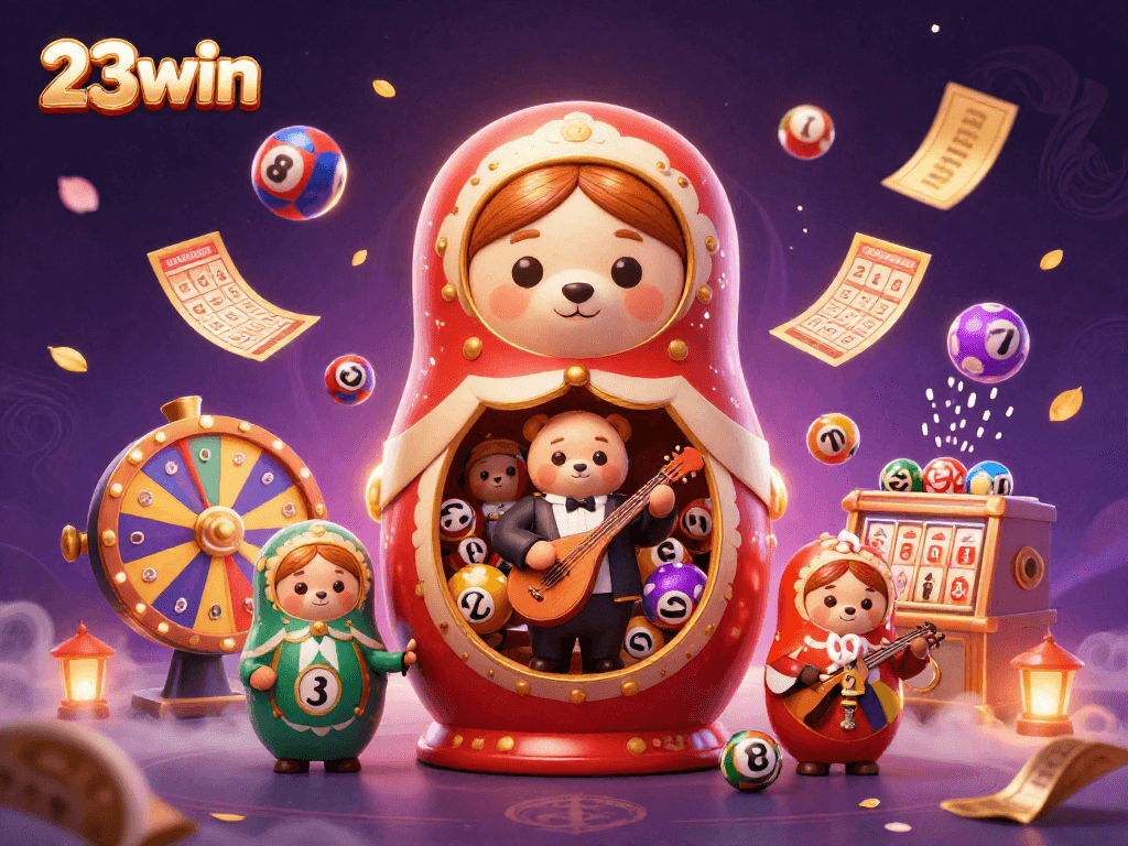 Join the excitement with 23win's vibrant lottery scene featuring colorful balls and a serenading rabbit.