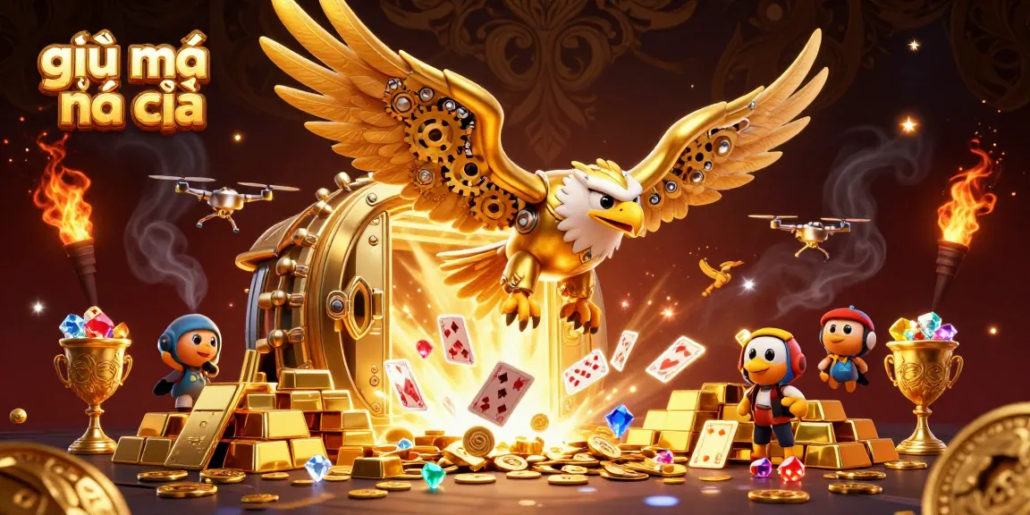 Dive into the world of giải mã nhà cái with an ultra-detailed 3D illustration of a cybernetic golden eagle amidst vibrant casino elements.