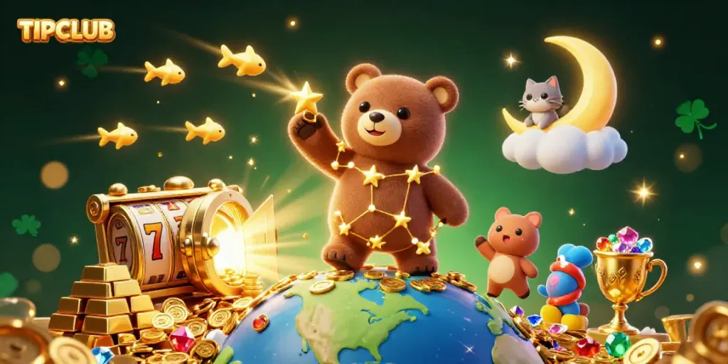 Engage with TIPCLUB as a constellation bear collects jackpot coins amidst vibrant casino elements.