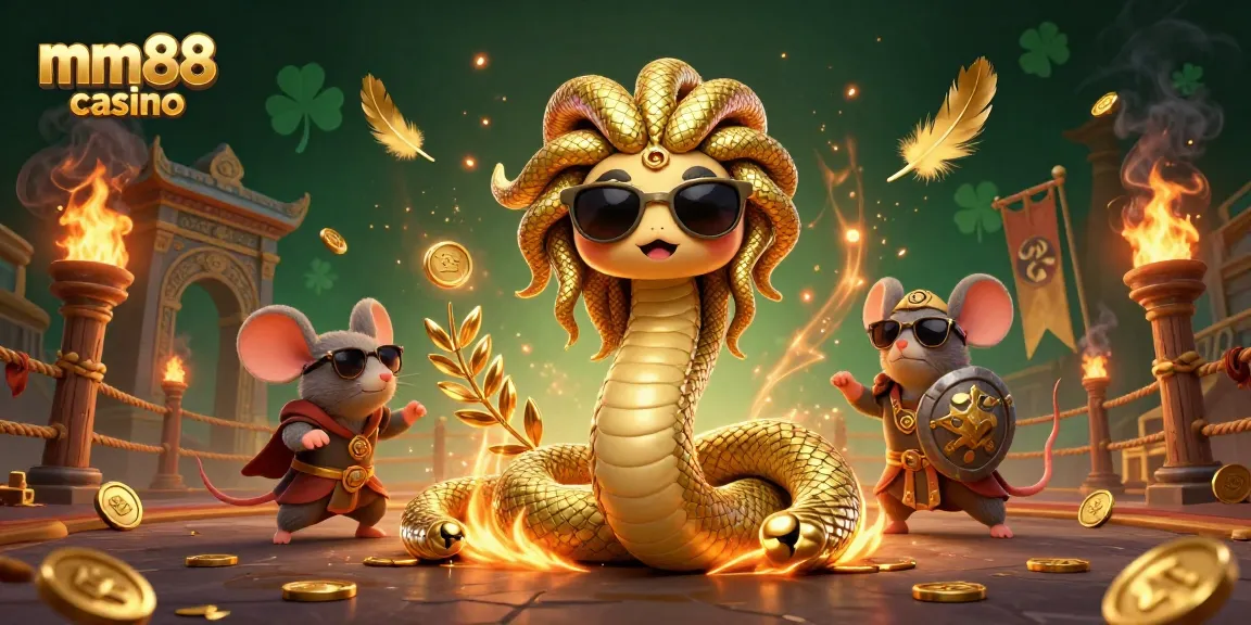 Engaging scene of mm88 casino featuring Medusa and warrior mouse amidst exciting gambling elements.