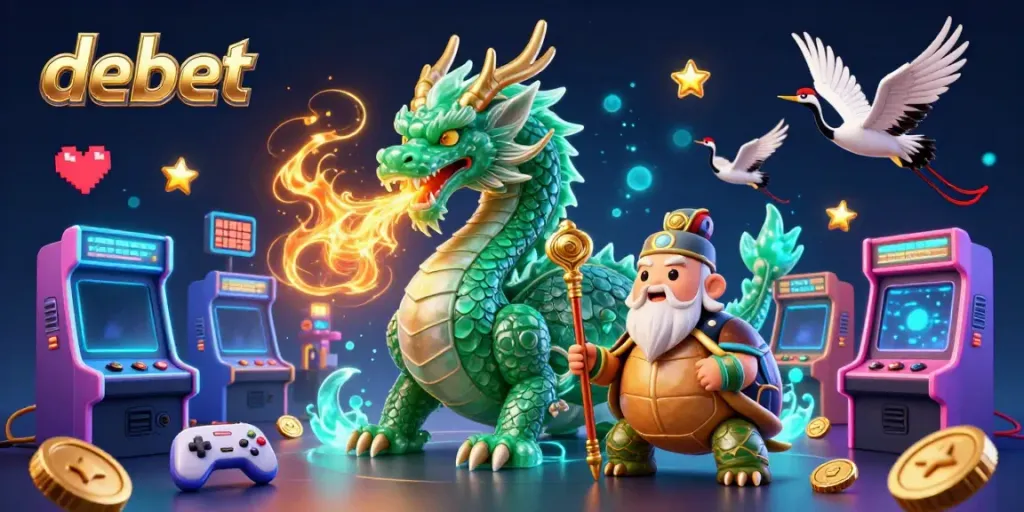 Experience the vibrant gaming world with debet's dragon and turtle sage in an energetic casino scene.