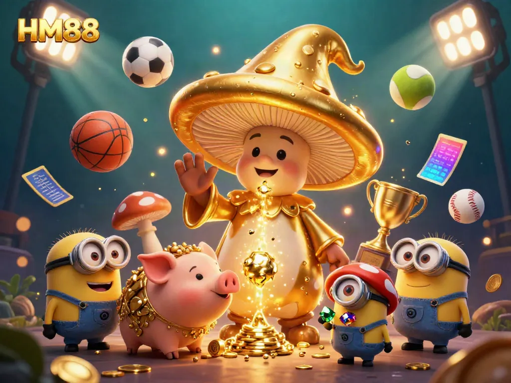 Join the magical world of HM88 with a golden mushroom wizard and treasure-hunting pig featuring dynamic sports elements.