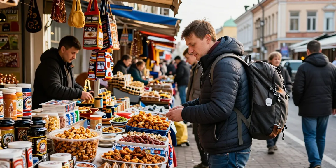 Een reiziger die in Rusland winkelt met de PayInRussia-app voor eenvoudige betalingen, omringd door lokale souvenirs.