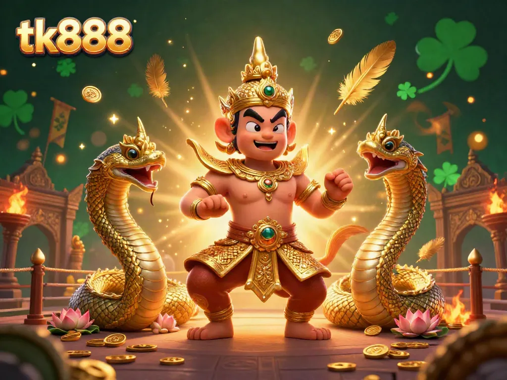Experience thrilling gameplay at tk888 with a vibrant scene of a Thai temple guardian and Naga serpents surrounded by rich casino elements.
