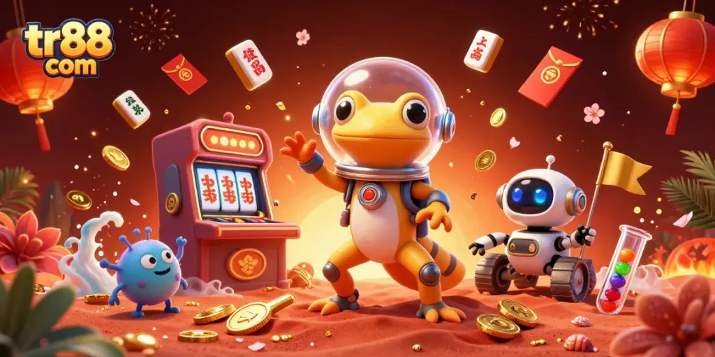 Engage with tr88 com in this vibrant 3D casino adventure featuring a Martian gecko and exciting gaming elements.
