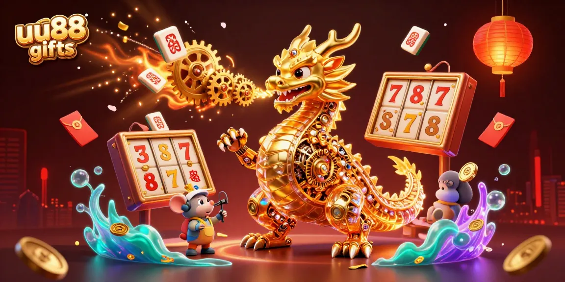 Play exciting slots with uu88 gifts, featuring a golden dragon and vibrant gaming elements.