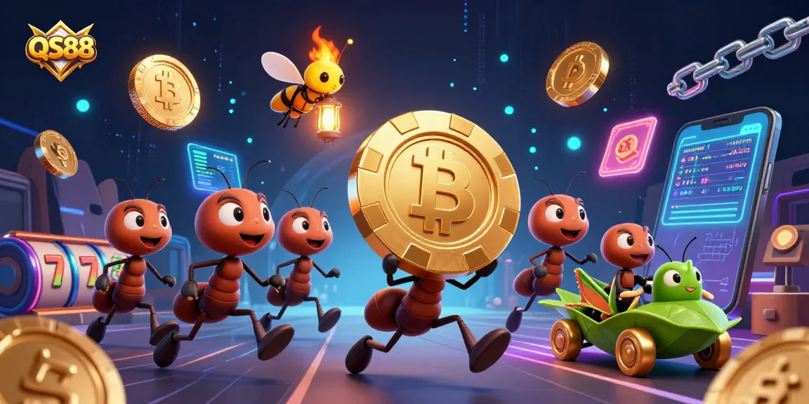 Engage with QS88 as ants pull off a poker chip heist amidst dazzling crypto elements.