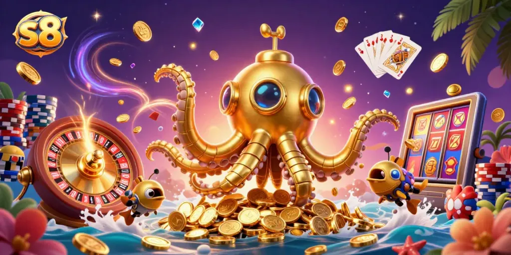 Experience thrilling wins at s8 with this vibrant 3D casino scene featuring a golden kraken revealing treasures.