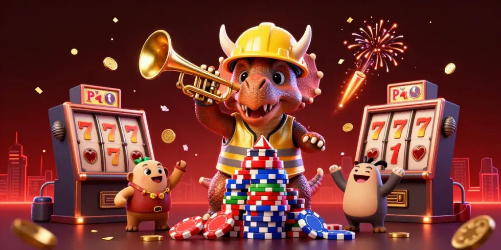 Celebrate winning moments at da88 with a cartoon dinosaur themed casino scene featuring gaming elements.