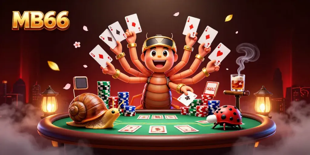 Experience the thrilling MB66 casino scene with a vibrant 3D illustration of a whimsical dealer and high-roller action.