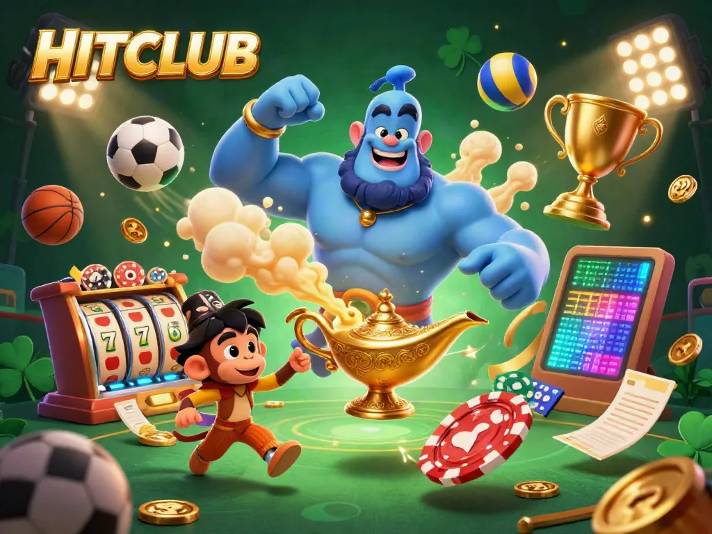 Experience vibrant gaming with HITCLUB’s dynamic casino scene featuring a cartoon genie and magical elements.