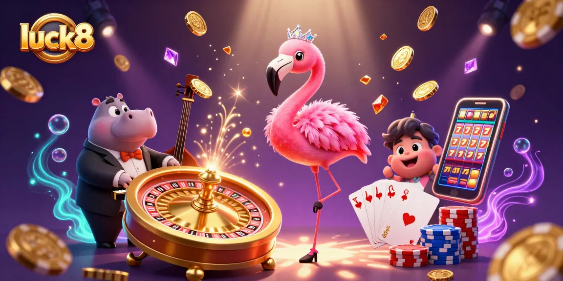 Experience the excitement of luck8 in a vibrant cartoon casino scene with a singing flamingo and hippo bassist.