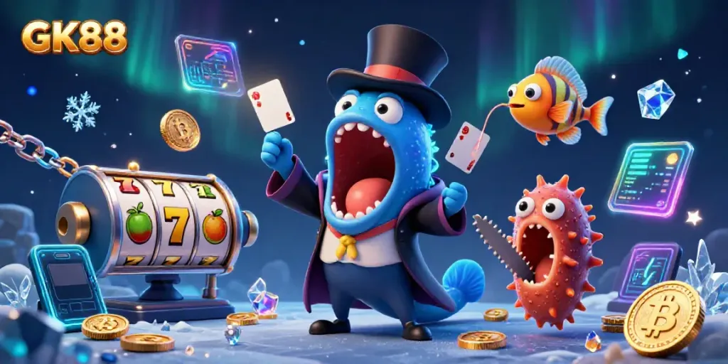 Experience the magic of GK88 through a vibrant underwater casino scene showcasing unique gaming elements.