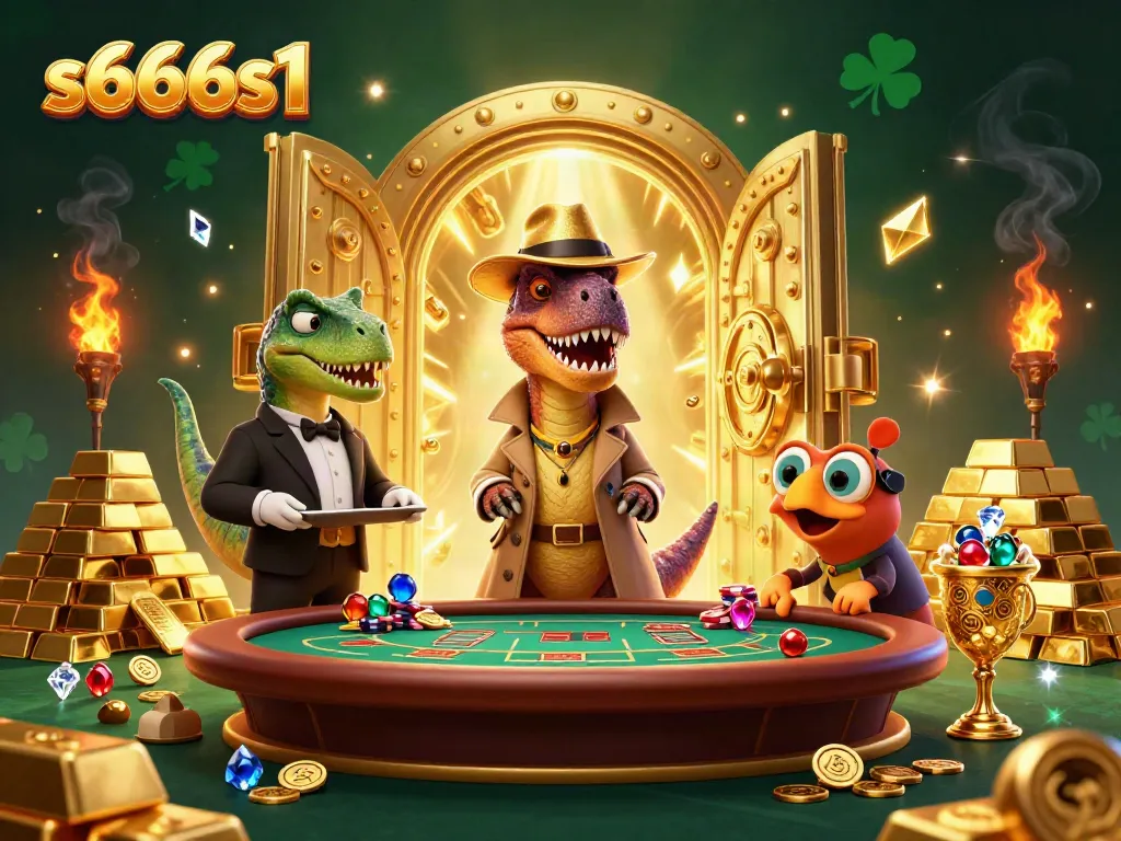 Experience thrilling gameplay at s666s1 with a velociraptor card counter and treasure at a casino table.