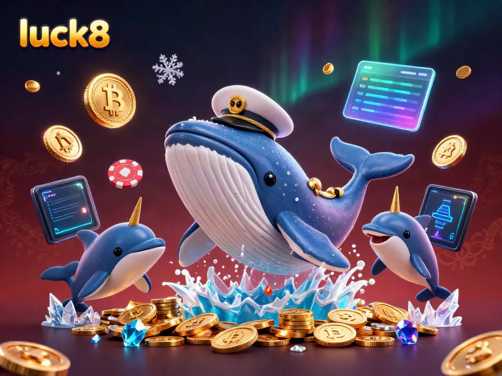 Immerse in the luck8 casino world with vibrant whales and shimmering coins, capturing tantalizing betting moments.