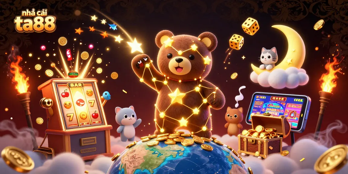 nhà cái ta88 showcases vibrant casino life with a constellation bear collecting coins, creating excitement.