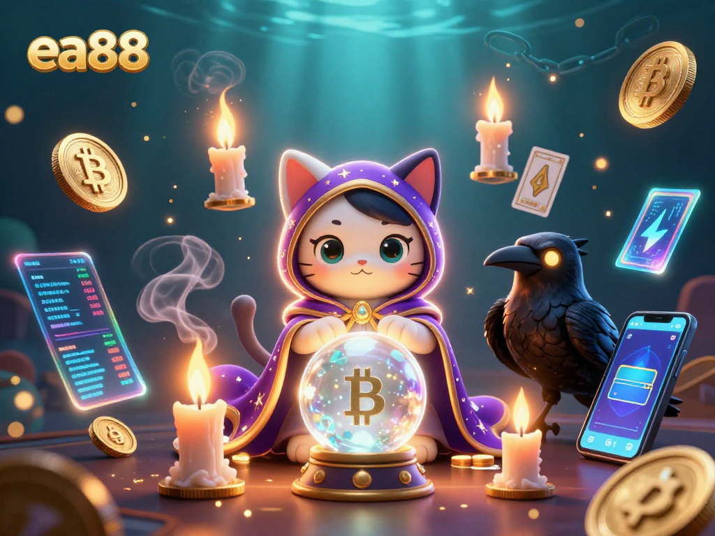 Engage with thrilling games at ea88 featuring a mystic cat, tarot raven, and glowing casino elements.