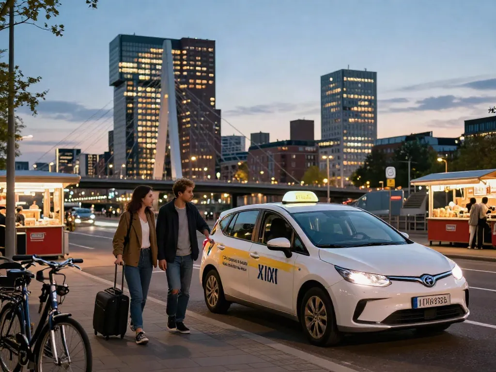 Taxi Rotterdam: Moderne taxi en reizigers bij Erasmusbrug in Rotterdam in de avond.
