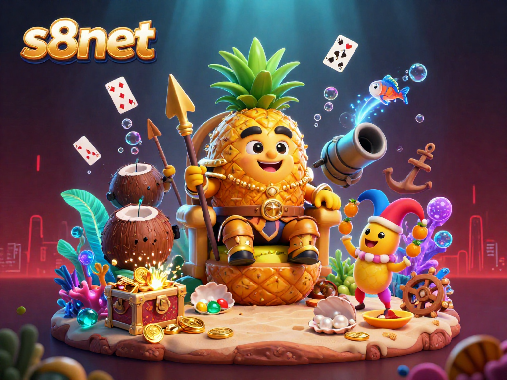 Engage in gaming adventures with s8net as the golden pineapple king leads the casino scene in a vibrant beach setting.