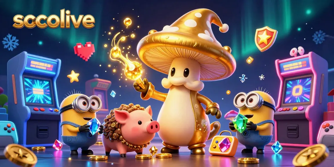 Socolive showcases a golden mushroom wizard and treasure-hunting pig in a lively 3D casino scene.
