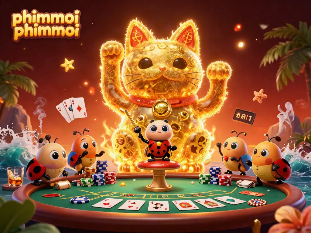 Experience vibrant phimmoi phimmoi action with golden fireflies forming a lucky cat amidst poker excitement.