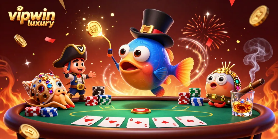 Experience big wins at vipwin luxury with 3D anglerfish attracting coins amidst vibrant casino elements.