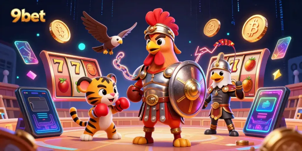 Experience the thrill of 9bet with a dynamic illustration featuring a gladiator rooster and casino elements.