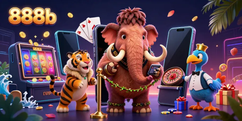 Engage with 888b's glamorous casino scene, featuring a woolly mammoth bouncer, slot games, and vibrant decorations.