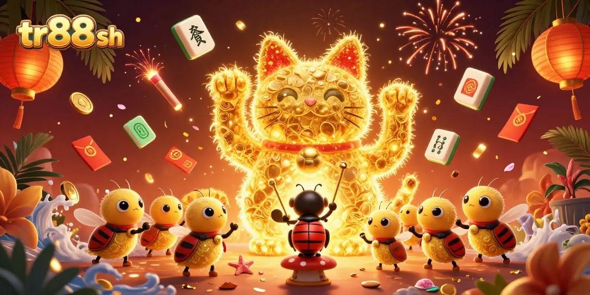 Experience vibrant gaming with tr88 sh's lucky cat, surrounded by festive casino symbols.