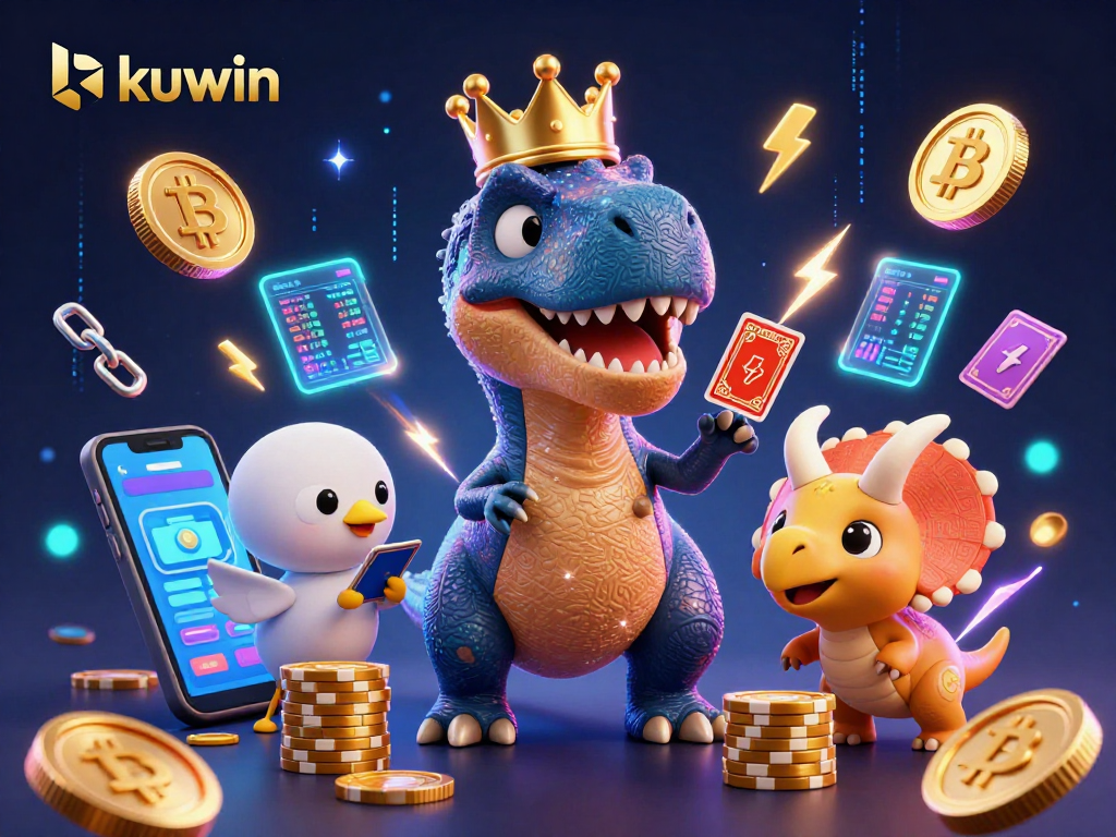 Kuwin casino highlights exciting gameplay with a T-Rex shuffling cards and a pterodactyl assisting, surrounded by vibrant crypto elements.