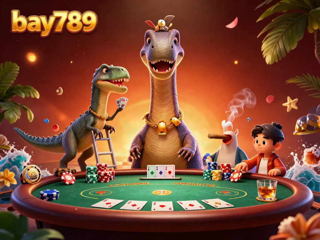 Experience bay789's dynamic casino scene with a towering brontosaurus and clever raptor dealer.