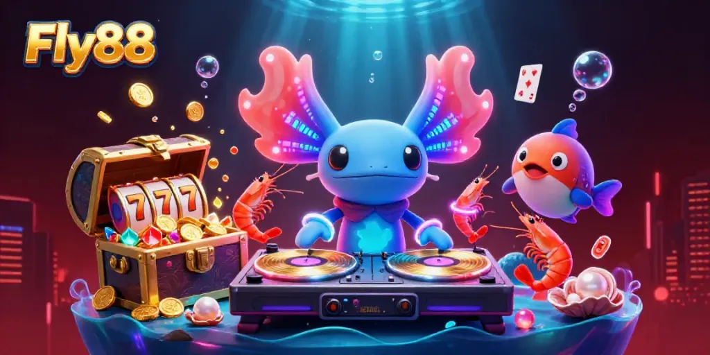 Experience Fly88's underwater casino with vibrant DJ axolotl, shrimp dancers, and sparkling treasures.