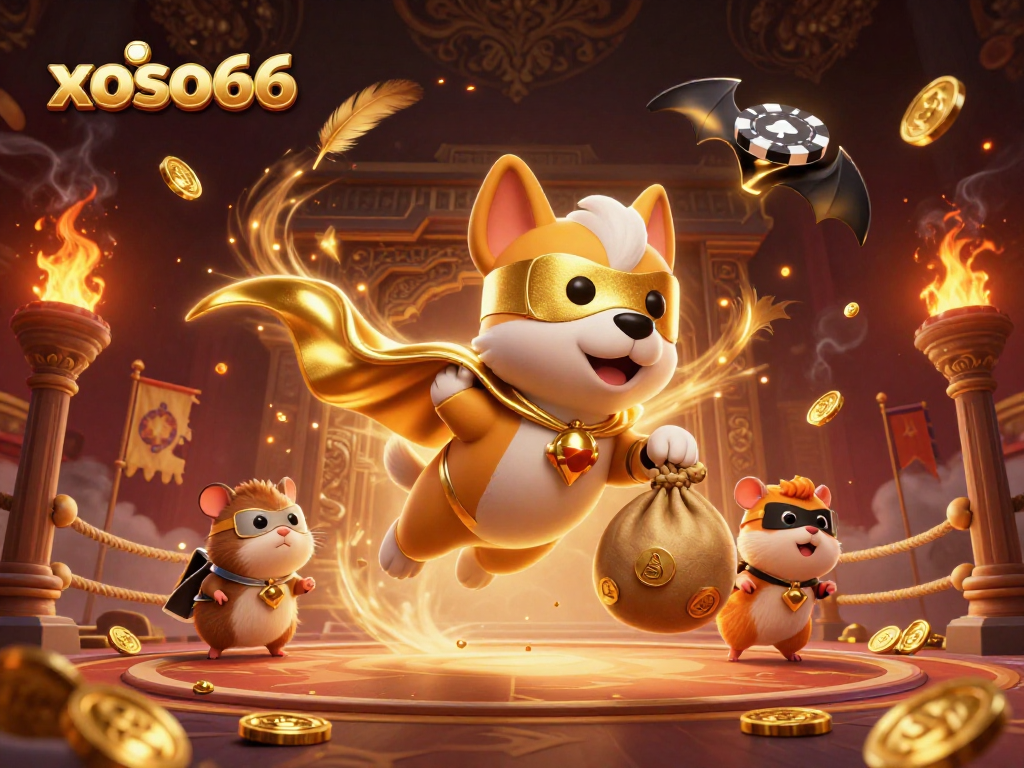 Exciting xoso66 scene with a superhero dog flying, showcasing gold coins and casino elements.
