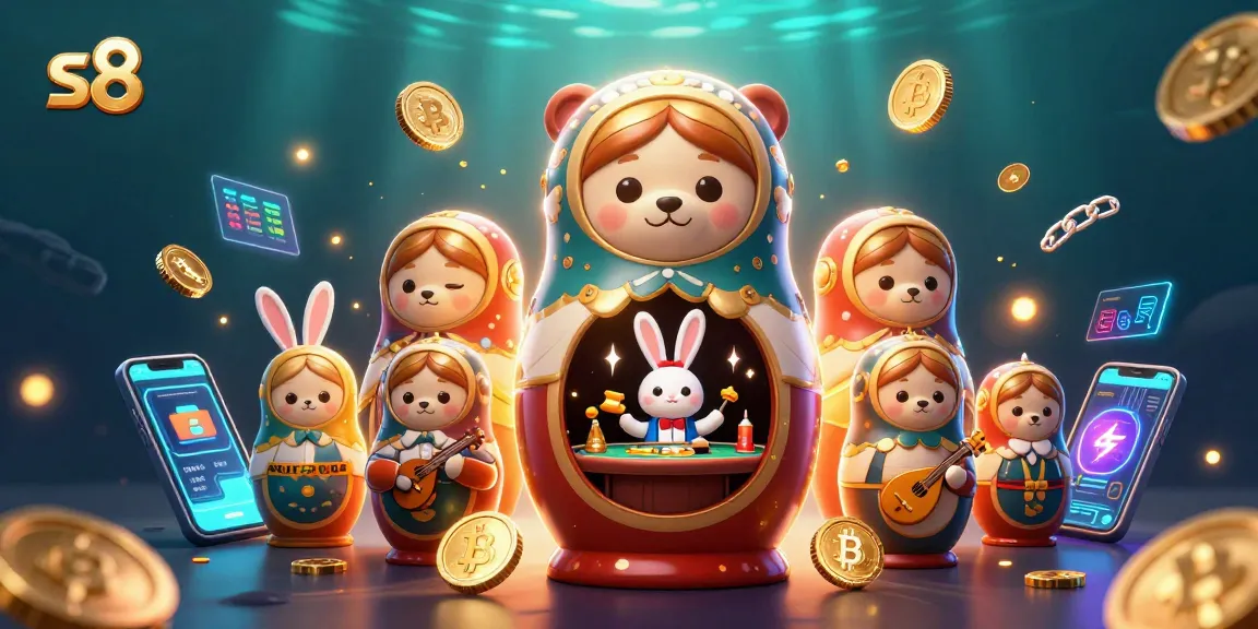 S8 showcases a lively scene of casino bears and crypto symbols in a vibrant online gambling landscape.