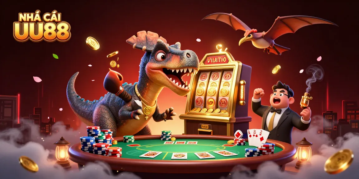 NHÀ CÁI UU88 featuring a pachycephalosaurus hitting a slot machine for jackpot coins amidst a rich casino scene.