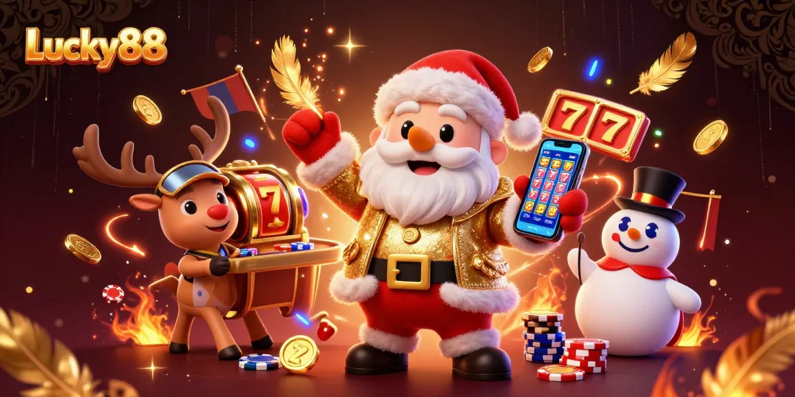Experience the excitement of Lucky88 slots with a festive casino scene featuring Santa Claus and friends.