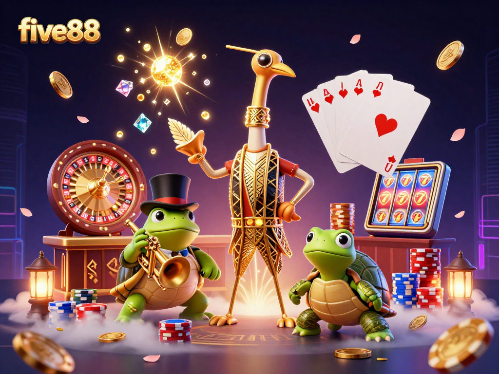 Experience the excitement of five88 with dazzling golden coins and vibrant characters in a lively casino scene.