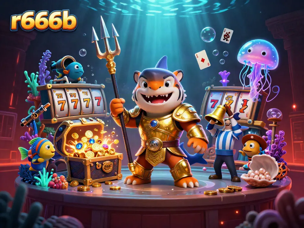 Immerse in the exciting r666b casino world with a vibrant underwater scene of games and gambling action.