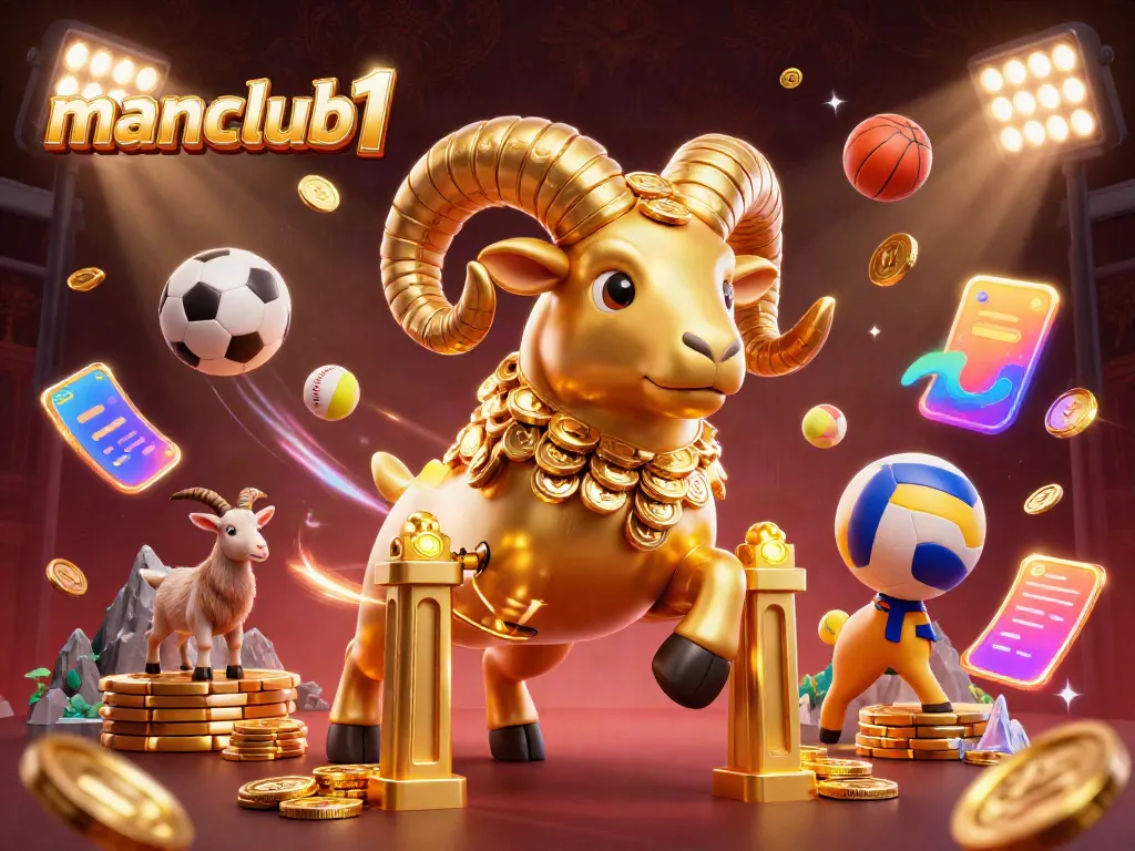 Experience the excitement of manclub1 with a massive golden ram charging through a dynamic sports betting scene.