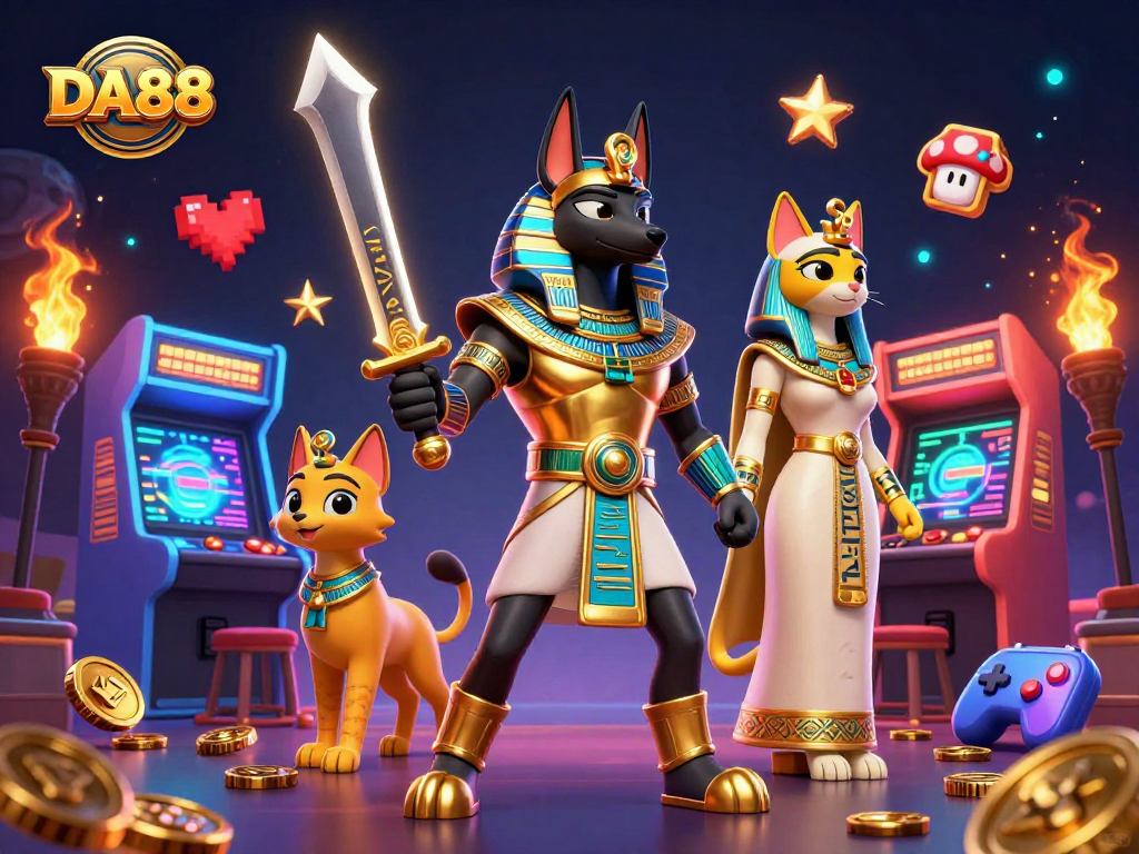 Experience the thrilling experience of DA88 with Anubis and Bastet in a vibrant casino scene.