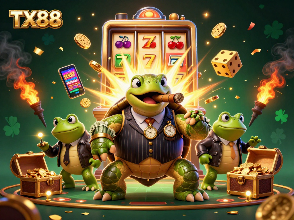 TX88's thrilling casino adventure with a cartoon snapping turtle and bullfrog enforcers amidst jackpot excitement.
