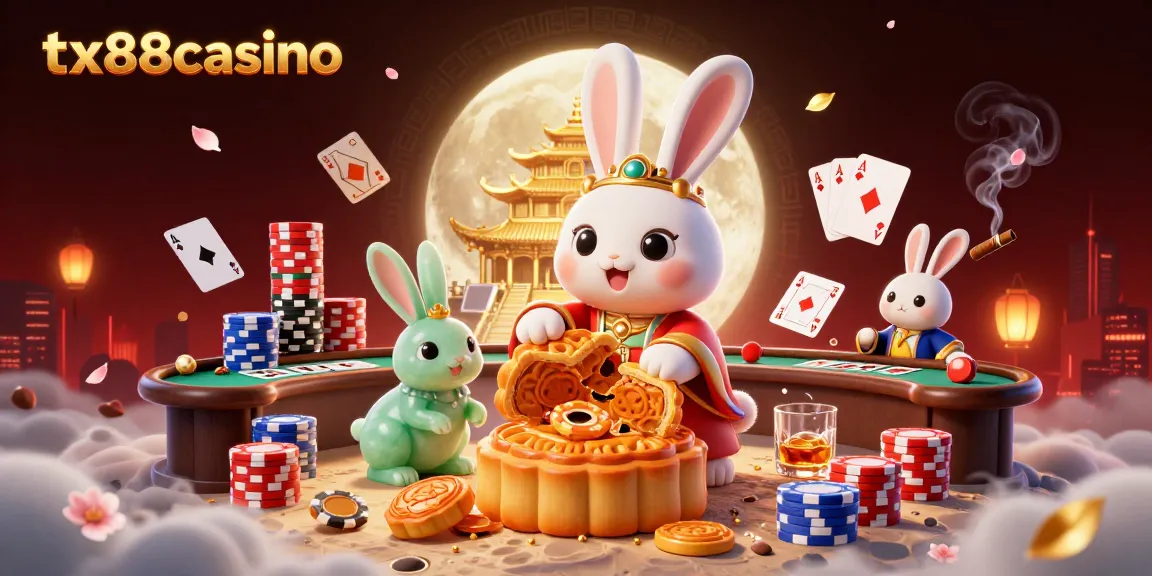 Engage with tx88casino's exciting poker scene featuring a moon rabbit and vibrant gaming elements.
