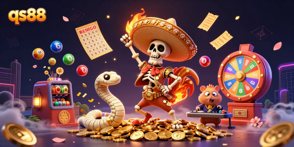 Engage with qs88's vibrant casino atmosphere featuring playful characters amid lottery excitement.
