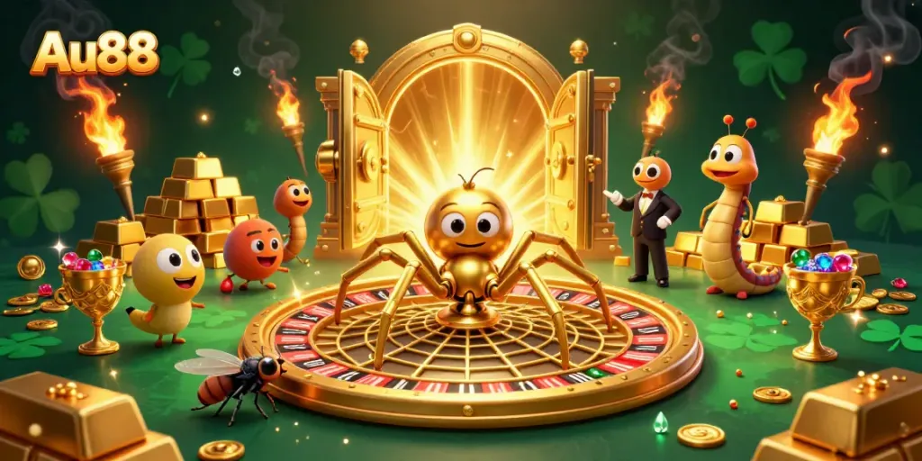 Experience thrilling bets at Au88 casino with a golden spider spinning a roulette web.