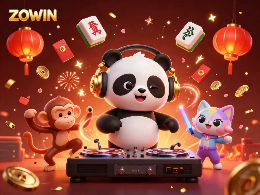 ZOWIN casino scene with a DJ panda, dancing monkey, and rave kitten among festive gambling elements.