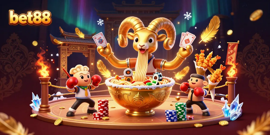 Bet88's vibrant casino scene features a giant ramen bowl dealer and lively cheerleaders, showcasing engaging gameplay.