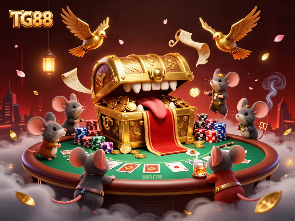 Experience thrilling gaming at TG88 with an enticing golden treasure chest and poker elements.