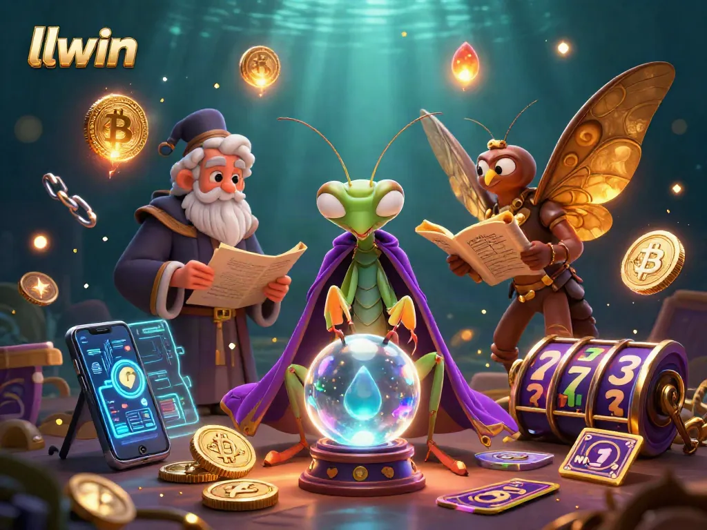 Experience winning strategies with llwin in this vibrant casino-themed illustration featuring fortune tellers and slot symbols.