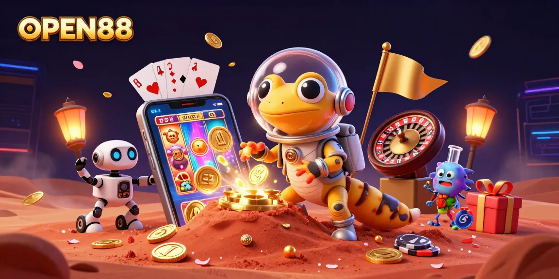 Join the fun at OPEN88, where a Martian gecko discovers a hidden golden casino among dynamic slot games.