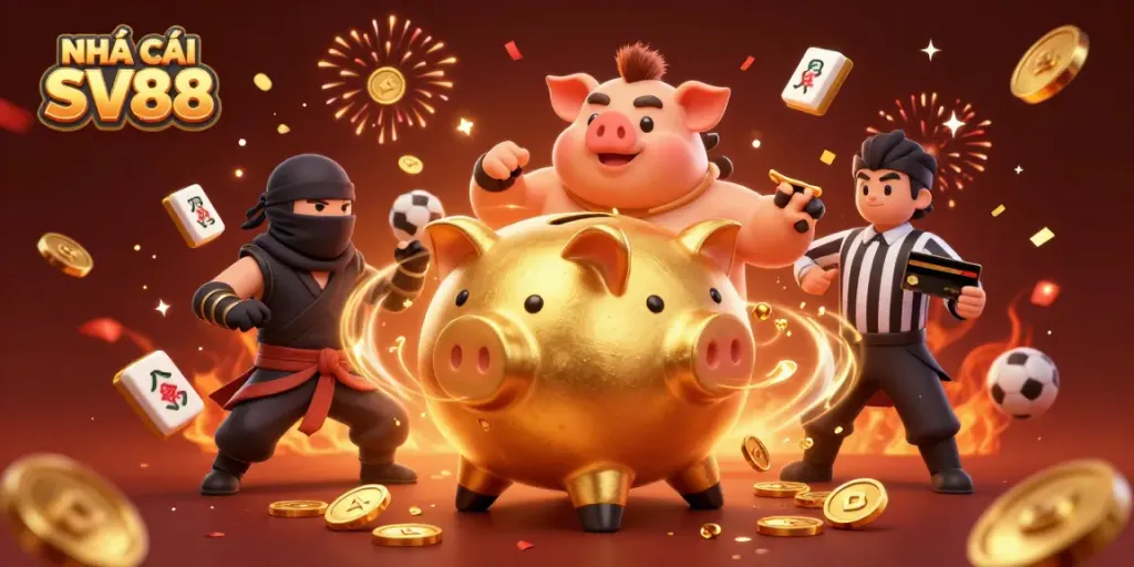 Experience winning excitement at NHÀ CÁI SV88 with playful characters celebrating casino gameplay.
